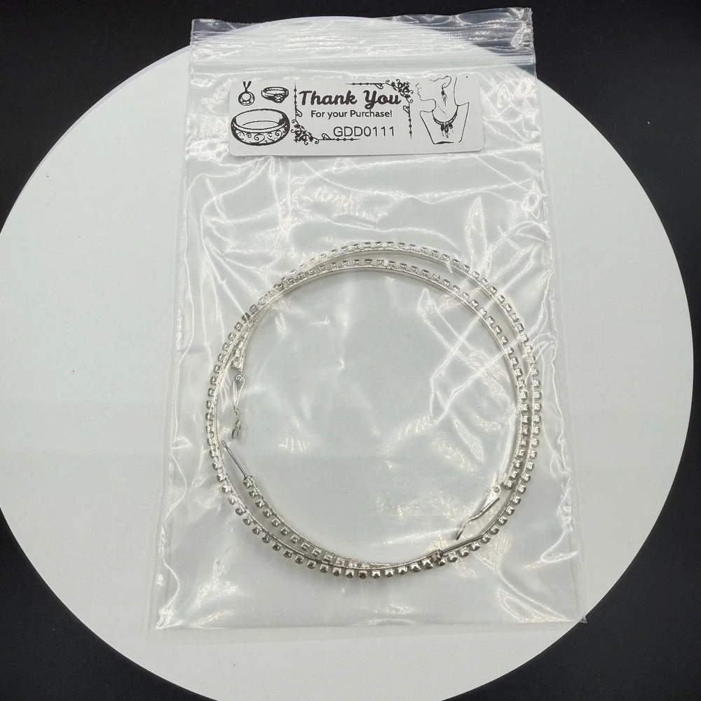 Large Rhinestone Hoop Earrings Silver Tone Sparkly Statement Y2K Party Gift